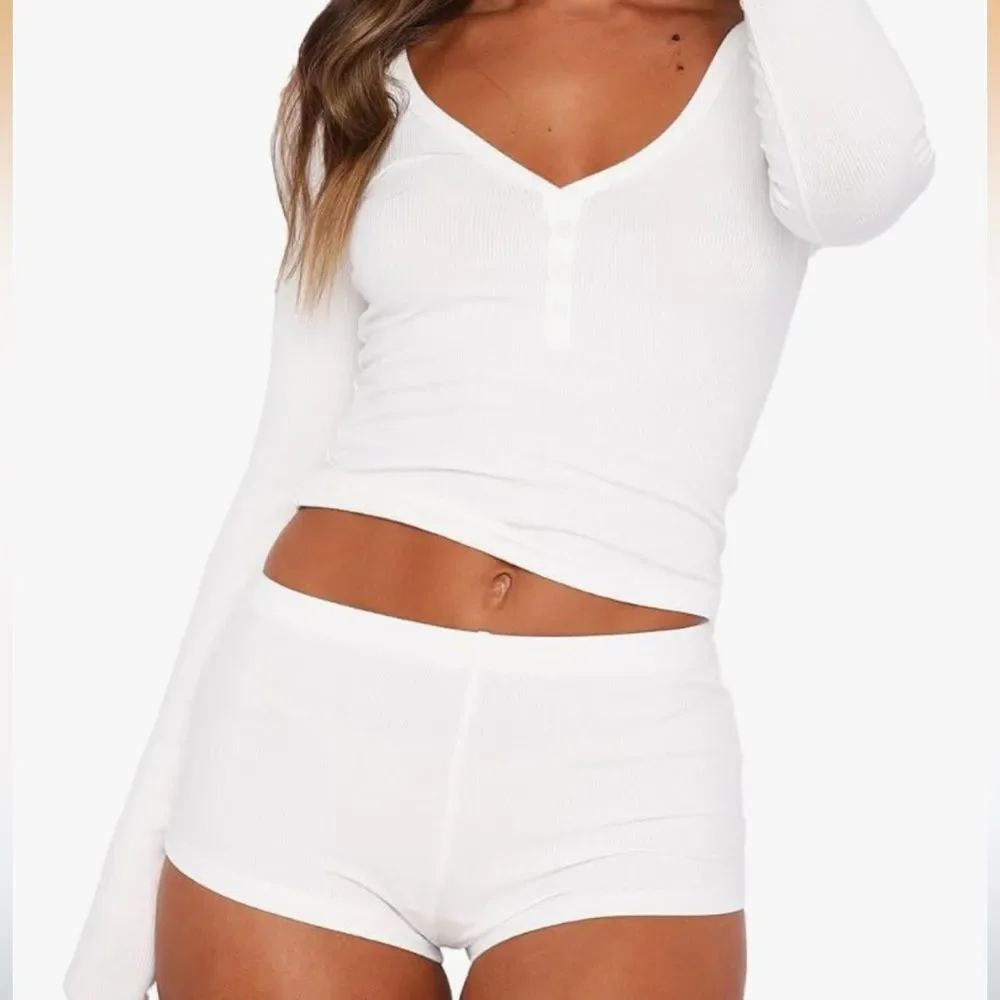 White Long Sleeve Top and Shorts Set
